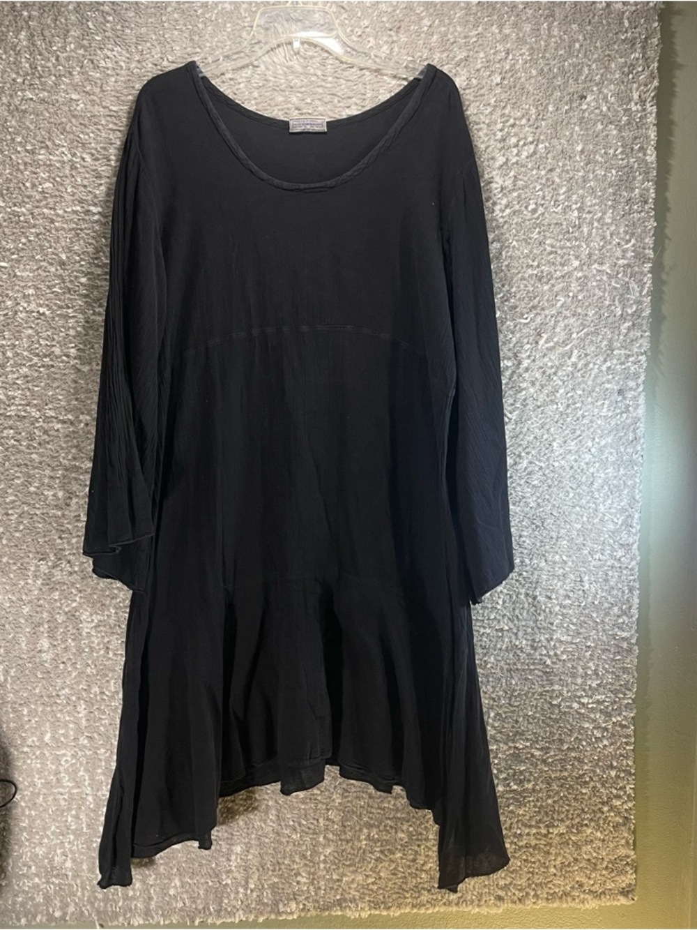 Cottonways Black Gauzy Crinkle Dress Bell Sleeve Size 2, Large Witchy Goth Boho